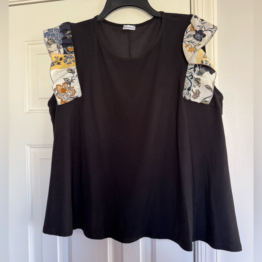 Black Sleeveless Top with Floral Ruffle Sleeves NWOT XL